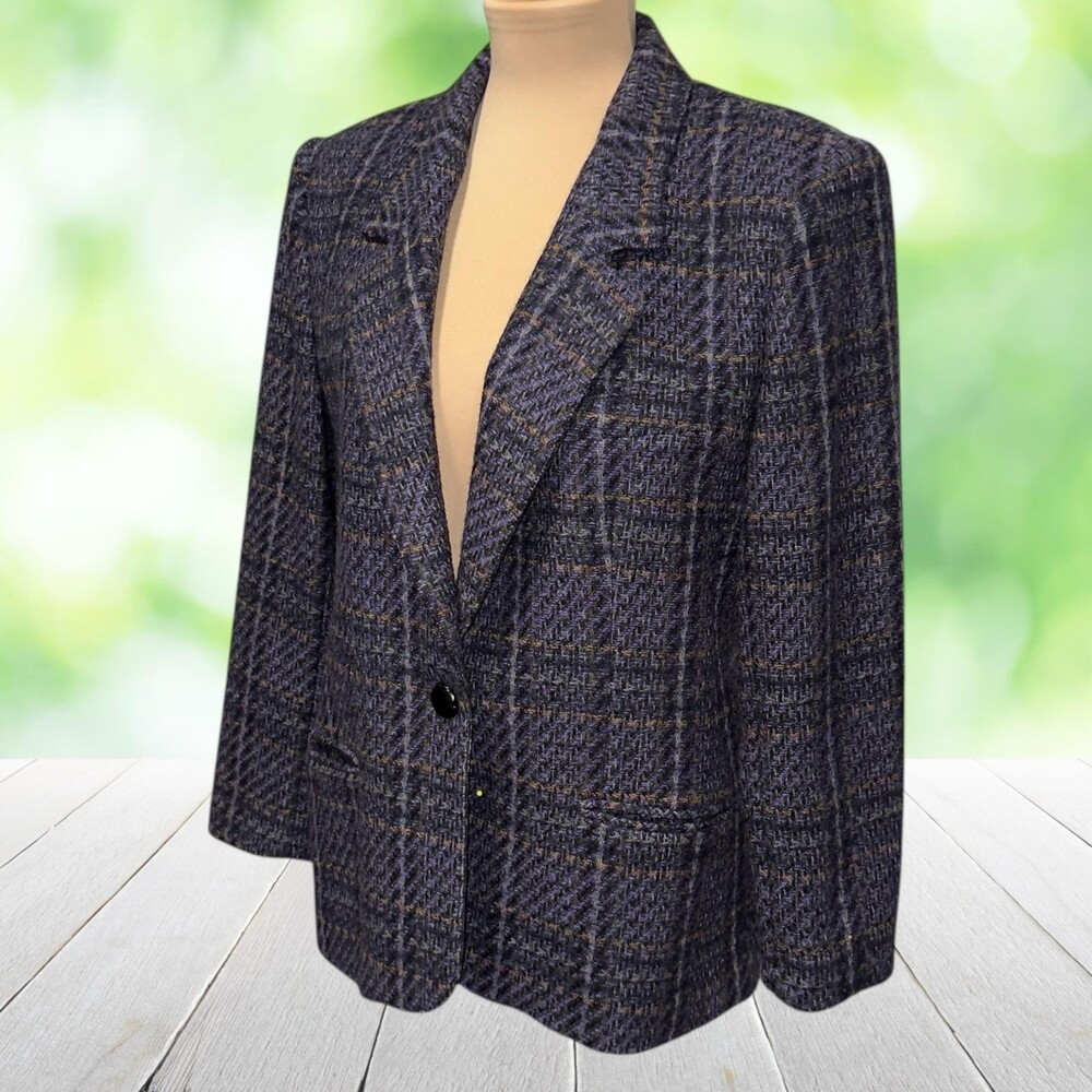 Vintage GIORGIO SANT'ANGELO Tweed Wool Blazer Purple Plaid Jacket 80s 90s Sz 10